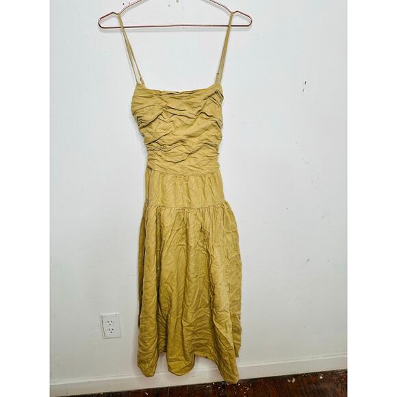 TOCCIN Women's Brown Khaki Square Neck Ruched Bodice Tie Waist Midi Dress Size 8 - Picture 4 of 16